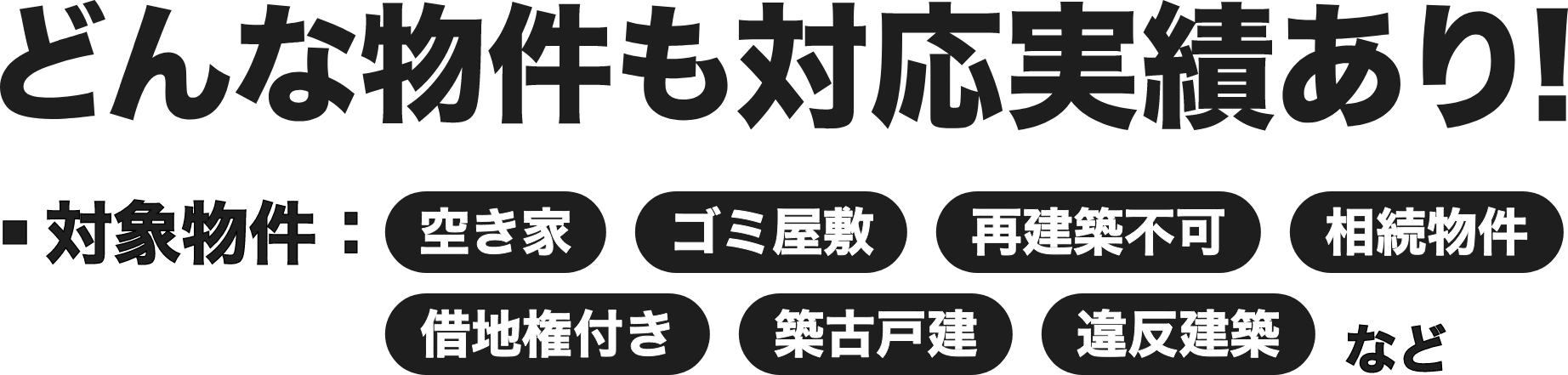 どんな物件も対応実績あり!
-対象物件:空き家・ゴミ屋敷・再建築不可・相続物件・借地権付き・築古戸建・違反建築など